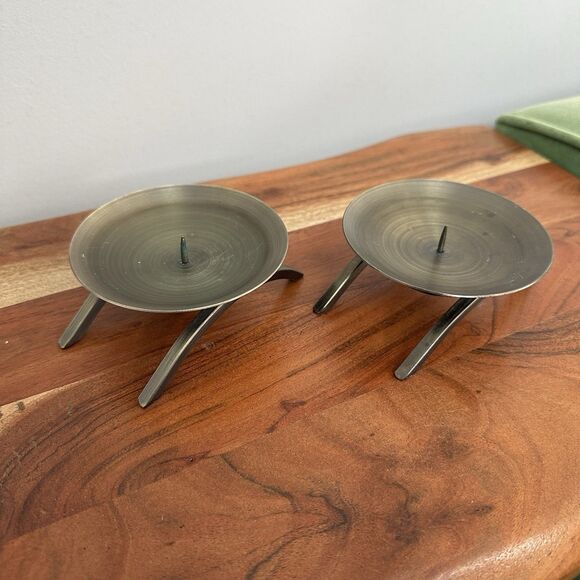 2- Pillar Candlestick Holder 4.5" Bronze Metal Brutalist MCM Modern Art Abstract - Picture 2 of 13